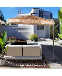 Aoodor 9ft Thatched Tiki Patio Umbrella, Cantilever Offset Umbrella with Hand-Push Tilt (No Base)