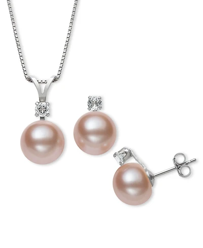 Belle de Mer 2-Pc. Set Dyed Black Peacock Cultured Freshwater Pearl (9-10mm) & Lab-Created White Sapphire (1/3 ct. t.w.) Pendant Necklace & Stud Earri