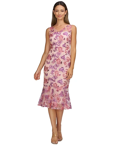 Js Collections Women's Embellished-Floral V-Neck Sleeveless Dress