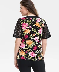 Jm Collection Petite Printed Lace V-Neck Top, Exclusively at Macy's