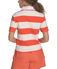 Starter Women's Cotton Rugby-Stripe Logo Polo Shirt