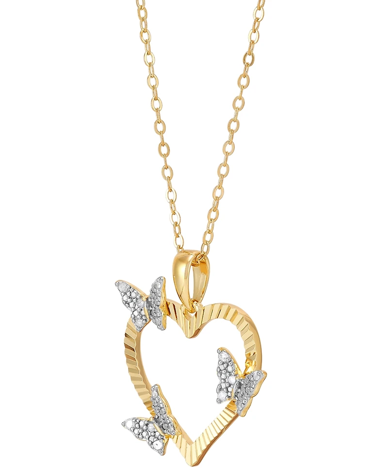 Diamond Butterfly Open Heart Pendant Necklace (1/10 ct. t.w.) in 14k Gold-Plated Sterling Silver, 16" + 2" extender