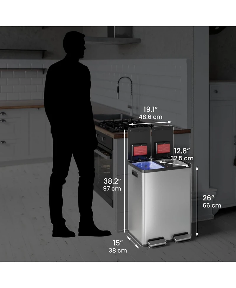iTouchless SoftStep 16 Gallon Stainless Steel Dual Compartment Combo Step Pedal Trash Can and Recycle Bin with Dual Odor Filters and Color-Coded Remov