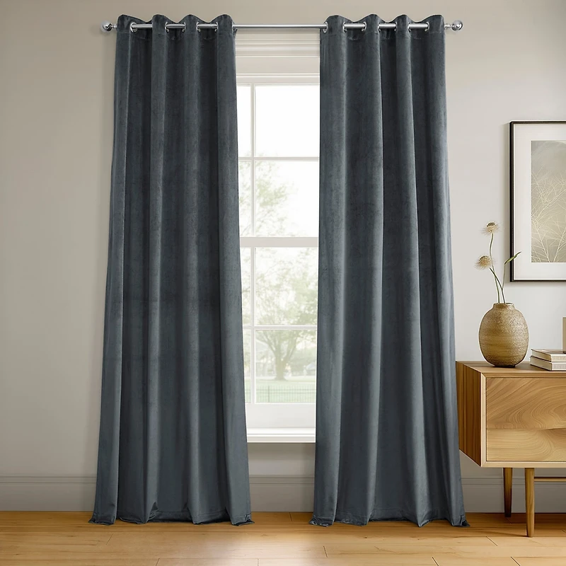 Half Price Drapes Distance Blue Grey Grommet Signature Velvet Blackout Curtain