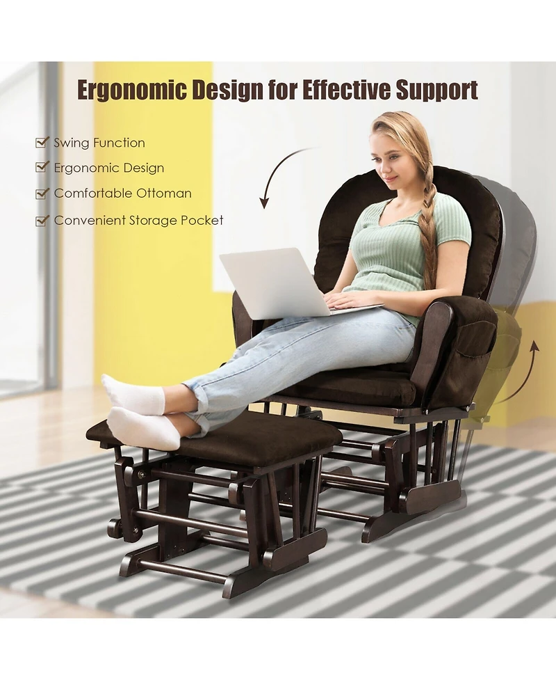 Wood Glider and Ottoman Set with Padded Armrests Detachable Cushion