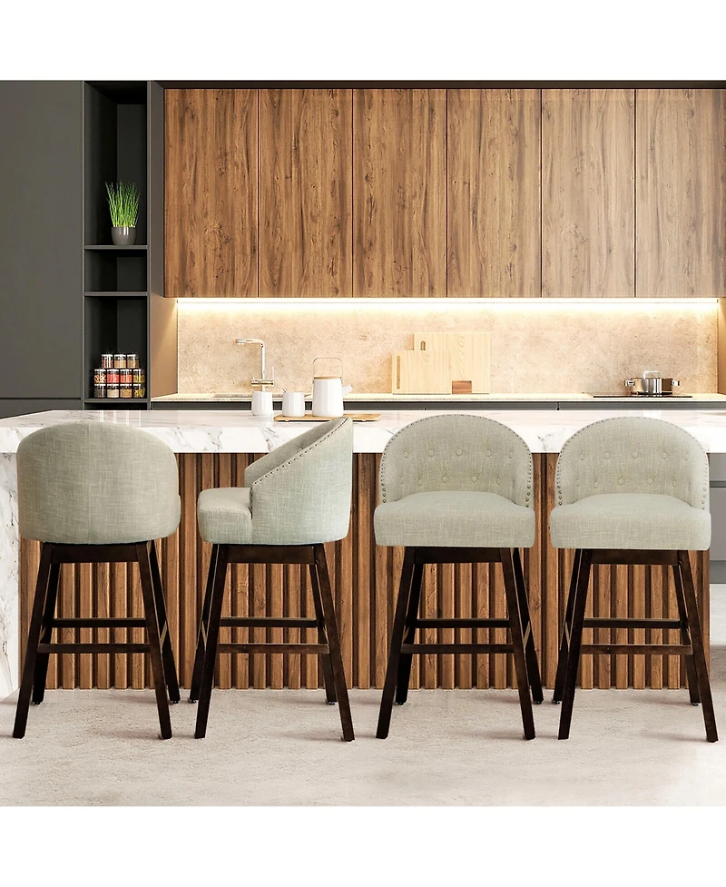 Gymax Set of 4 Swivel Bar Stools Tufted Bar Height Pub Chairs w/ Rubber Wood Legs