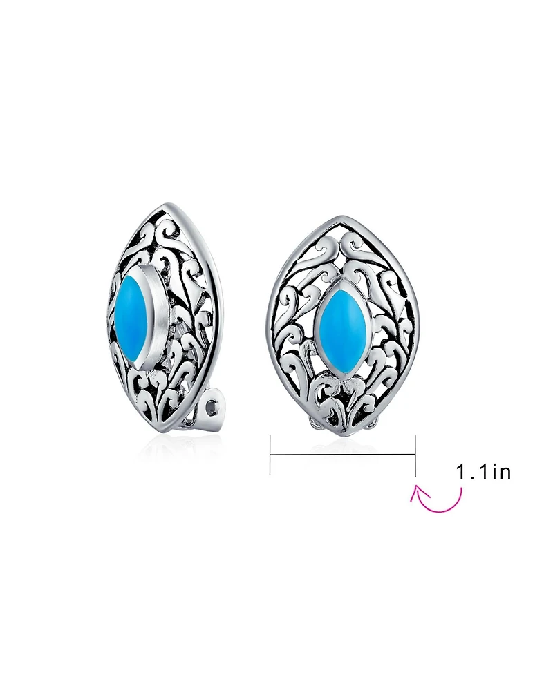 Bling Jewelry Western Filigree Marquise Blue Turquoise Clip-On Earrings Non-Pierced Sterling Silver