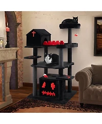 Gymax Gothic Cat Tree 49'' Tall Cat Tower w/ Coffin Bed & 2 Condos & Cozy Perch