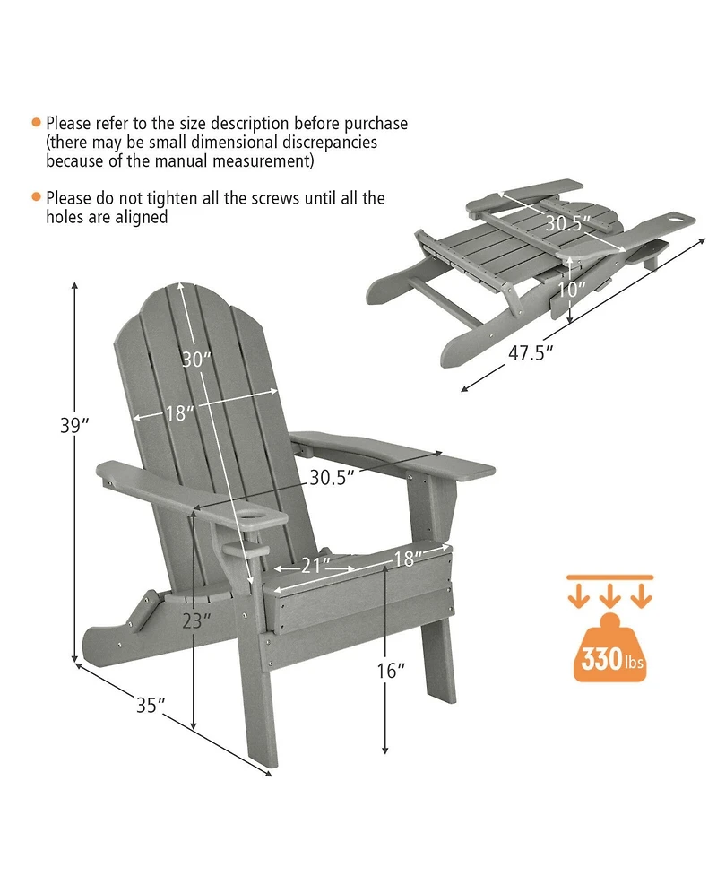 Gymax 4PCS Patio Folding Adirondack Chair Weather Resistant Cup Holder Yard