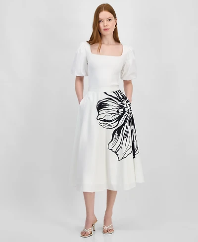 T Tahari Women's Placement-Print Flared Midi Skirt