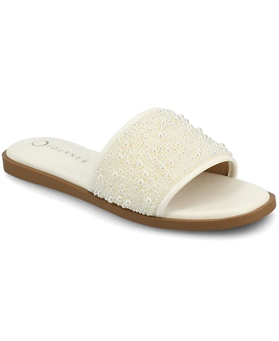Journee Collection Women's Precly Faux Pearl Single Band Flat Sandals