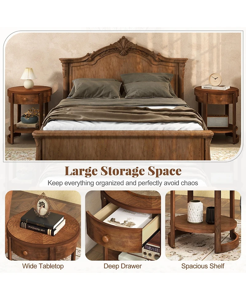 Gymax 2-Tier Nightstand w/ Shelf & Wood Grains Drawer Round End Table for Living Room