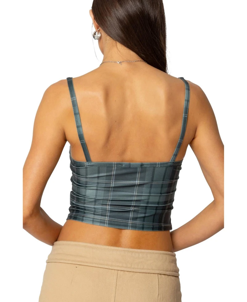 Edikted Womens Plaid Lacey Peekaboo Top