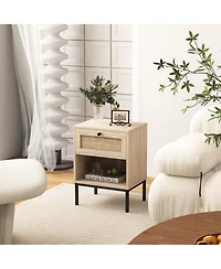 Gymax Rattan Nightstand Boho End Table with Drawer & Open Shelf for Living Room