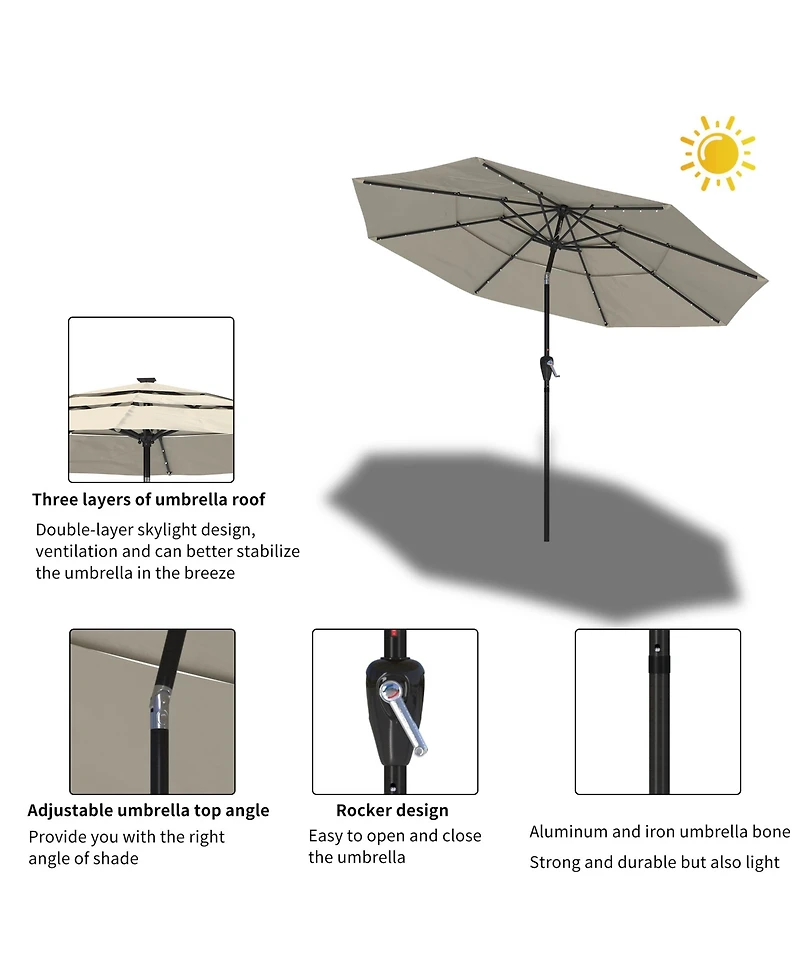 10 Ft Patio Umbrella with Solar Lights 3-Tier Outdoor Table Market Pool Umbrellas for Patio, Red