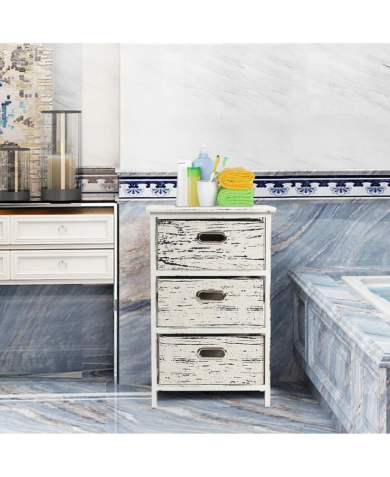 Gymax Set of 2 Chest w/3 Fabric Drawers Vintage Wood Frame End Side Table Nightstand