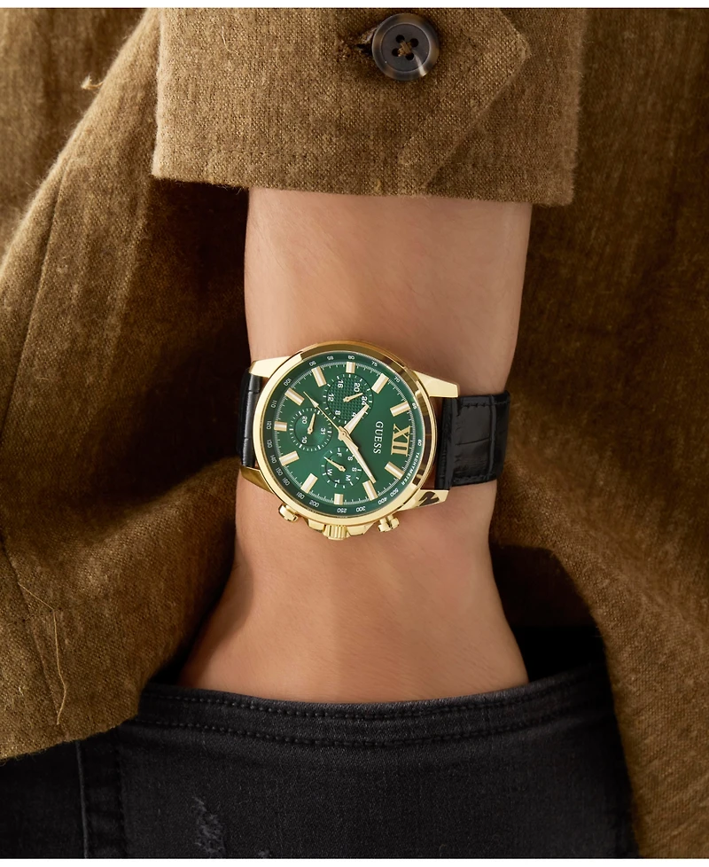 Guess Men's Multifunction Black Genuine Leather Watch, 44mm