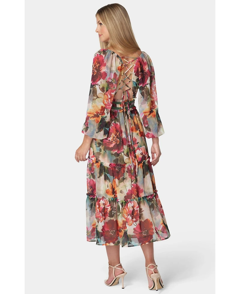 Bebe Women's Lace Up Back Chiffon Midi Dress