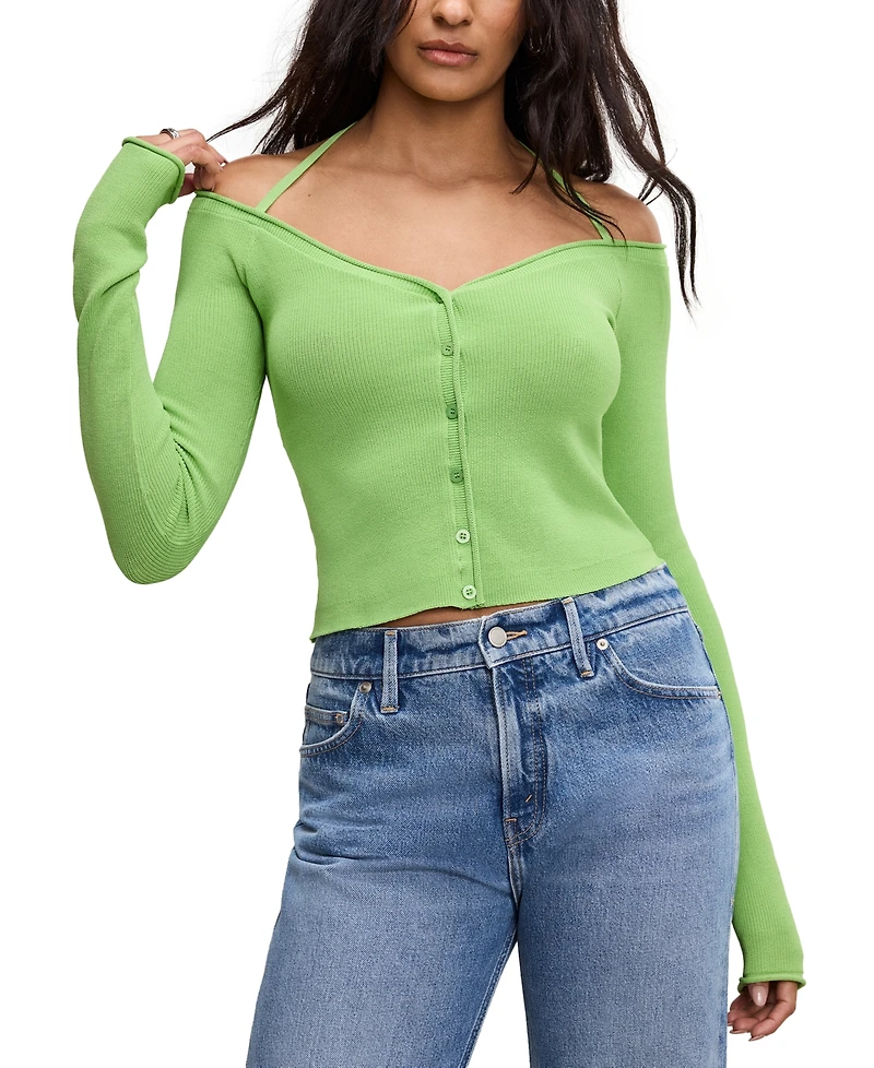 Good American Women's Rib-Knit Off-Shoulder Long-Sleeve Top