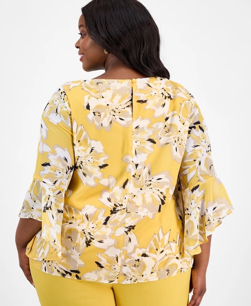 Kasper Plus Size Printed Ruffle-Sleeve Blouse