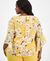 Kasper Plus Size Printed Ruffle-Sleeve Blouse