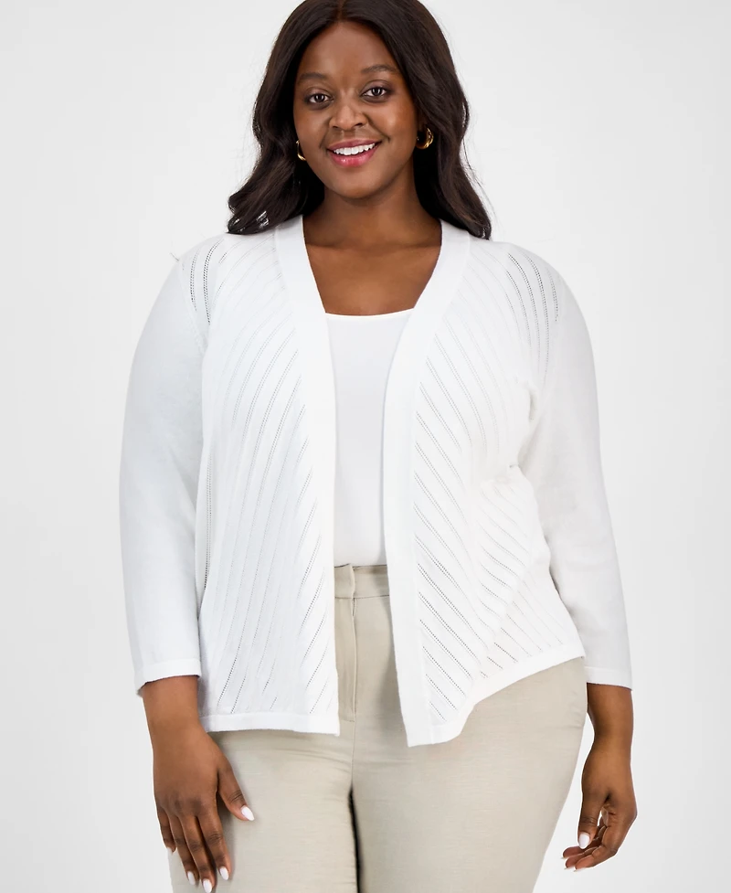 Kasper Plus Size Diagonal Stitch Open-Front Cardigan