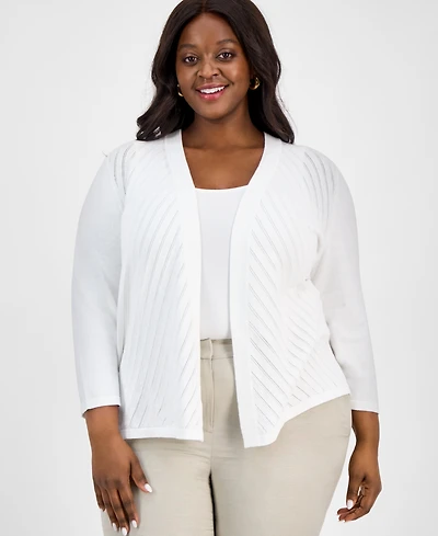 Kasper Plus Diagonal Stitch Open-Front Cardigan