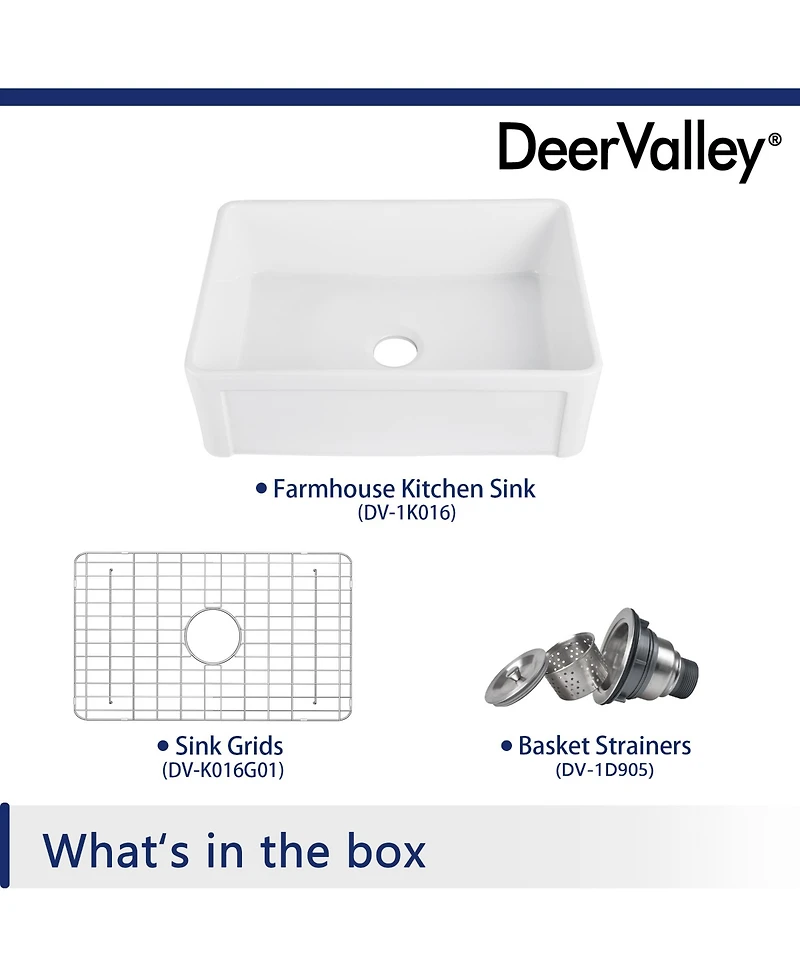 DeerValley 30" L x 20" W Single Bowl Fireclay Farmhouse Kitchen Sink with Bottom Grid and Strainer Drain