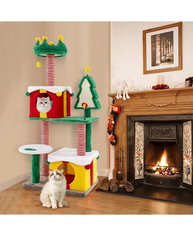 Cute Christmas Cat Tree with Scratching Posts & Carpet Festive Cat Tower for Indoor Cats