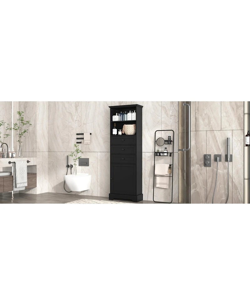 Tall Black Storage Cabinet with 3 Drawers and Shelves for Home