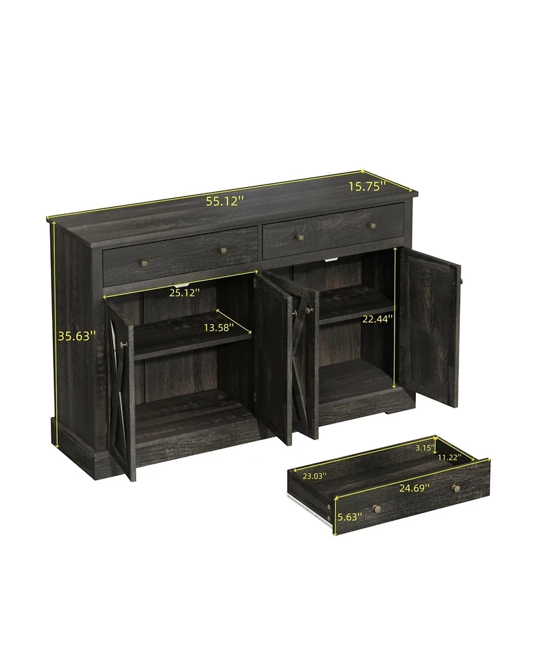 Streamdale Vintage Sideboard Cabinet 2 Drawers, 4 Doors, for Living Room, Bedroom, Kitchen