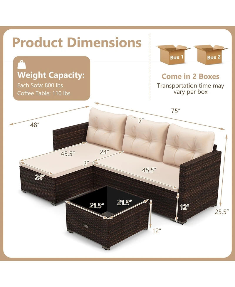 2-Piece Outdoor Wicker Furniture Set with Tempered Glass Coffee Table and Soft Cushions