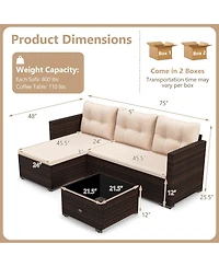 2-Piece Outdoor Wicker Furniture Set with Tempered Glass Coffee Table and Soft Cushions