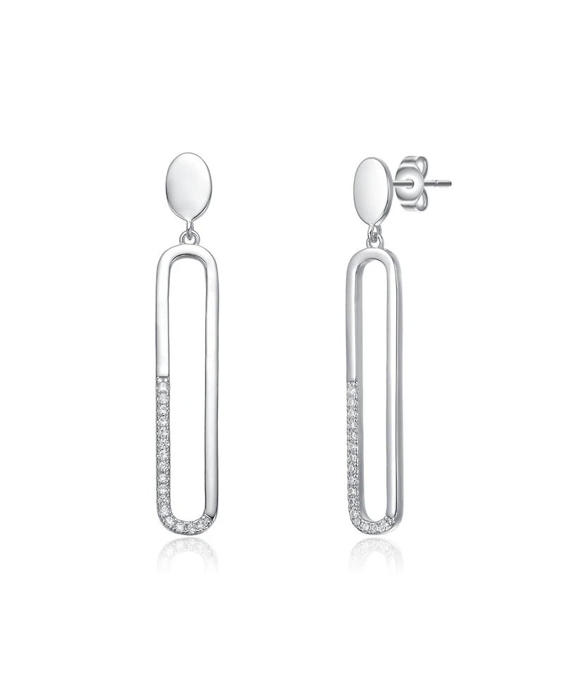Sterling Silver with Clear Cubic Zirconia Pave Accents Oval Drop Earrings in White Gold Plated or 14K Gold Plated