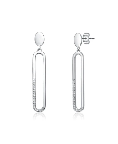 Sterling Silver with Clear Cubic Zirconia Pave Accents Oval Drop Earrings in White Gold Plated or 14K Gold Plated