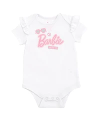 Barbie Baby Girls Bodysuit Ruffle Skirt and Bow Headband 3 Piece Outfit Set Newborn to