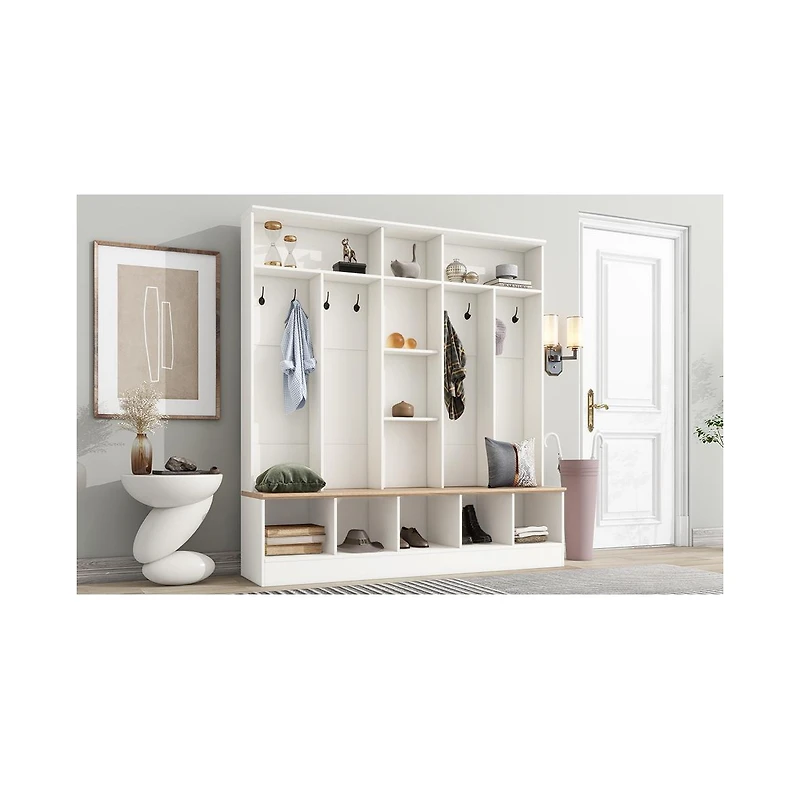 Streamdale Hall Tree with Bench and Cube Storage (8 Hooks, White)