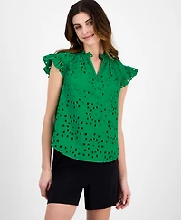 Anne Klein Women's Cotton Flutter-Sleeve Eyelet Blouse