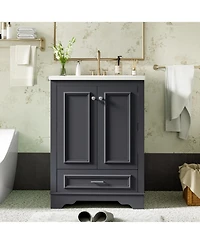 Streamdale 24" Bathroom Vanity with Ceramic Sink Combo, Modern Freestanding Storage Cabinet with Silver Handles, Soft Closing Doors