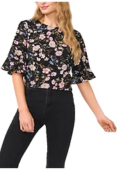 CeCe Women's Floral Crewneck 3/4-Sleeve Ruffled Cuff Blouse