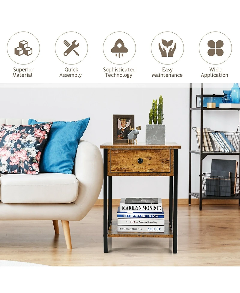 Gymax Industrial End Side Table Nightstand with Drawer Shelf