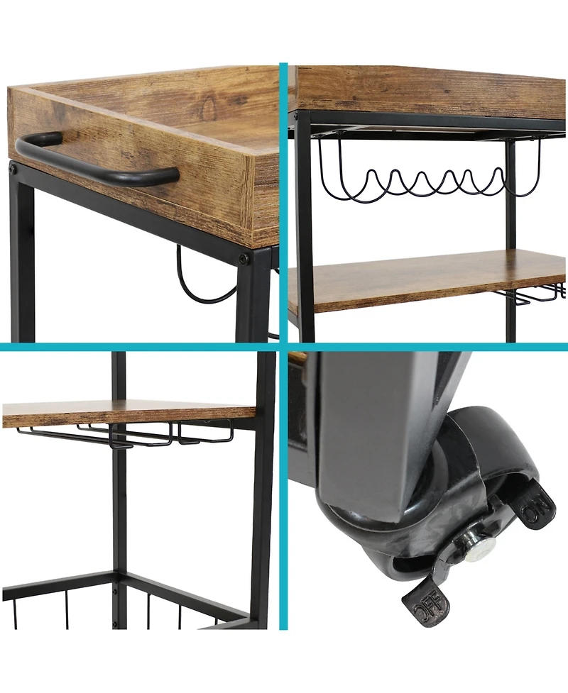 3 Tier Rustic Industrial Style Rolling Indoor Bar Cart with Wine Bottle and Stemware Rack