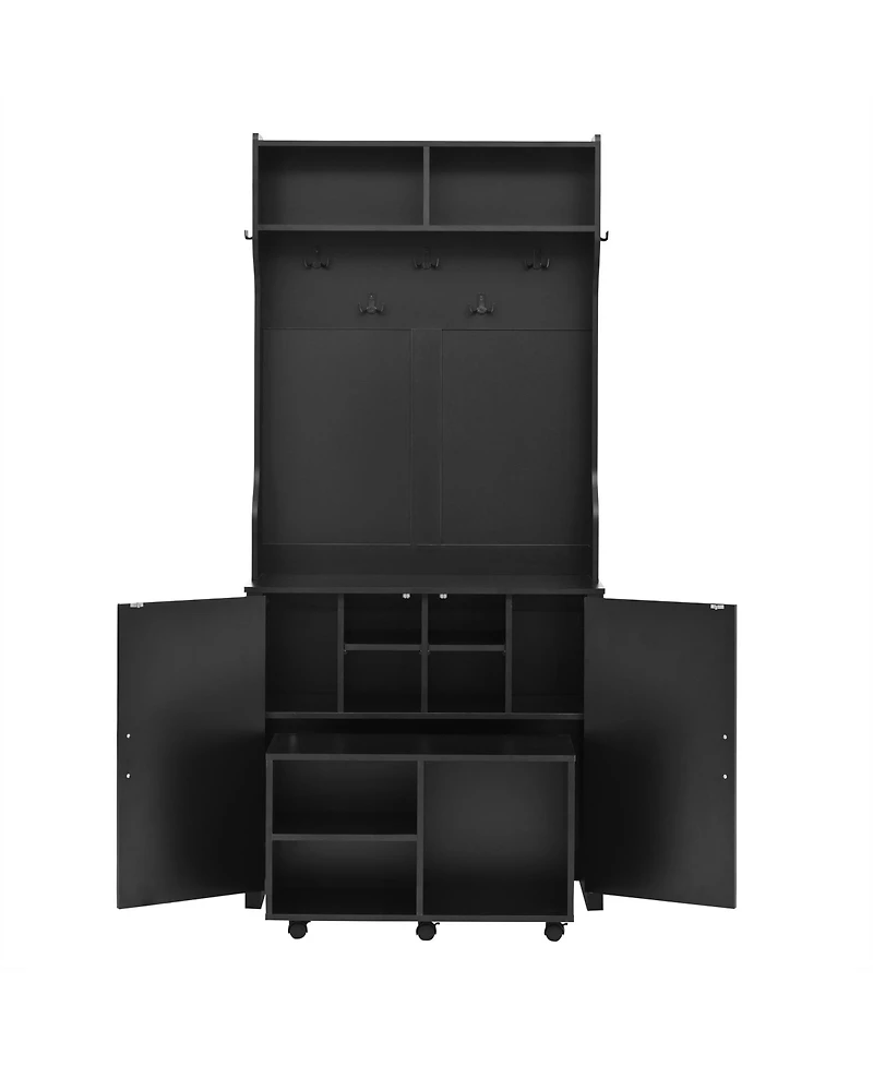 Streamdale 4-in-1 Farmhouse Hall Tree with Barn Doors, Movable Bench, Hooks, and Shoe Cabinet