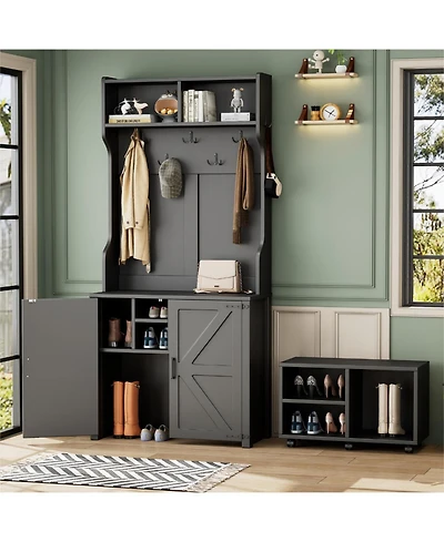 Streamdale 4-in-1 Farmhouse Hall Tree with Barn Doors, Movable Bench, Hooks, and Shoe Cabinet