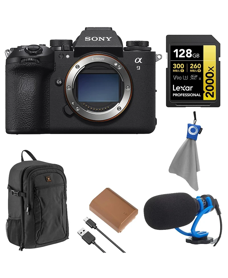Sony A9 Iii Mirrorless Camera Bundle with 128GB Memory Card, Battery Pack, Microphone, Backpack, Cleaning Cloth