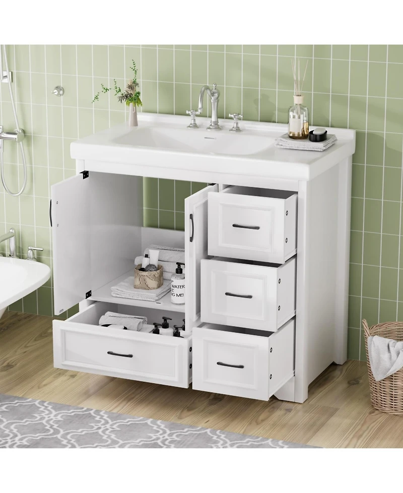 Streamdale 36" Bathroom Vanity with Sink, 2 Doors, 4 Drawers (White, 35.8"W x 19.7"D x 35.4"H)