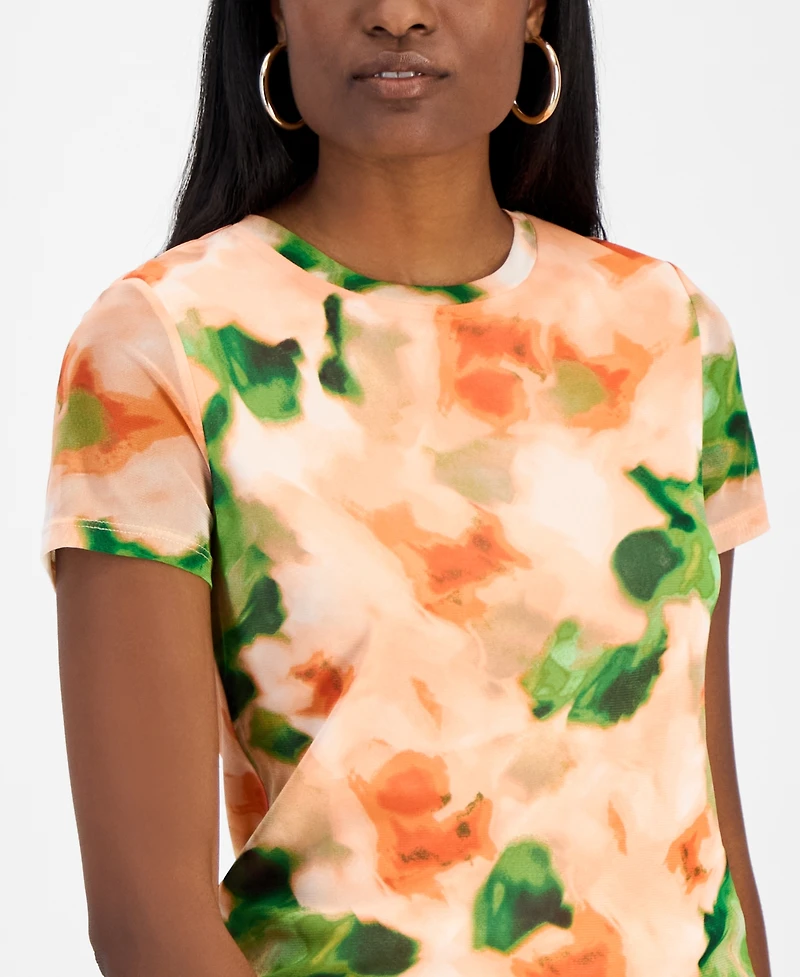 Bar Iii Women's Short-Sleeve Watercolor Mesh Top, Exclusively at Macy's