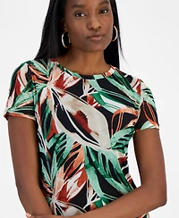 Bar Iii Women's Palm Print Short-Sleeve Mesh Top, Exclusively at Macy's