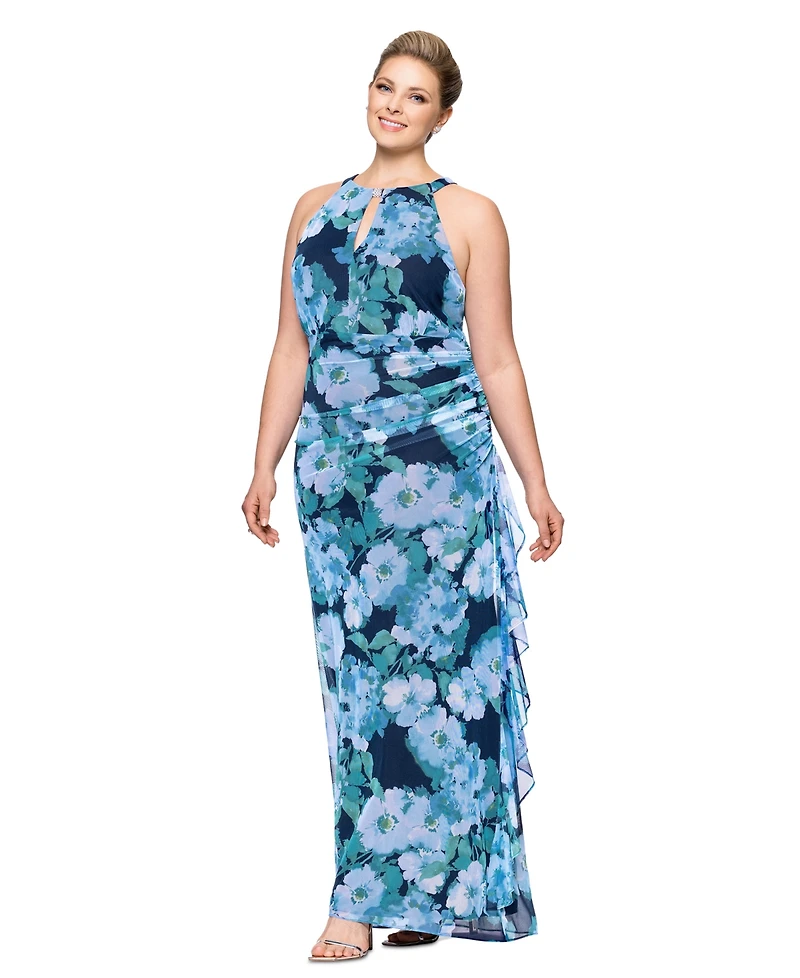 Betsy & Adam Plus Printed High-Neck Sleeveless Mesh Dress