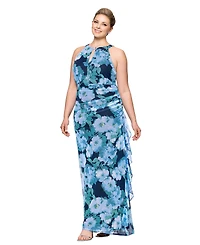Betsy & Adam Plus Printed High-Neck Sleeveless Mesh Dress